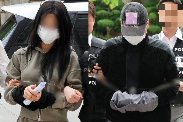 손흥민의 아이를 임신했다며 금품을 요구한 여성이 다녀간 병원을 경찰이 압수수색했다. 사진은 손흥민을 상대로 돈을 받아내려해 공갈 혐의를 받고 있는 양씨(왼쪽, 20대 여성)와 용씨(40대 남성)가 지난 17일 서초구 서울중앙지방법원에서 열린 구속 전 피의자심문(영장심사)에 출석하고 있는 모습. /사진=뉴스1
