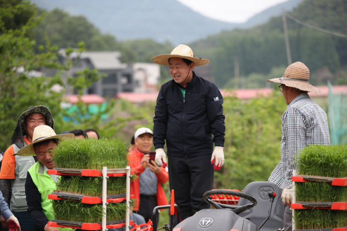 주광덕 남양주시장과 농촌지도자회 등 60여명이 참여한 가운데, 모내기 시연을 하고 있다. / 사진제공=남양주시