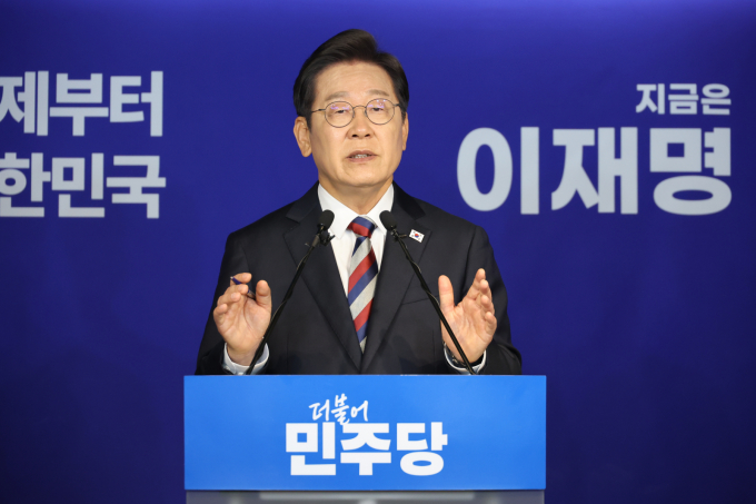 사진은 이재명 더불어민주당 대통령 후보가 지난 25일 오전 서울 여의도 중앙당사에서 가진 기자간담회에서 발언하고 있는 모습. /사진=뉴스1