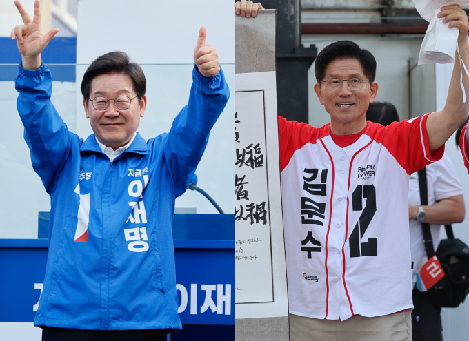 (천안·서산=뉴스1) 안은나 기자,김민지 기자 = 이재명 더불어민주당(왼쪽), 김문수 국민의힘 대통령 후보가 캐스팅보트인 충청권 공략에 나선 25일 각각 충남 천안시 신부문화거리와 서산시 중앙통 로데오거리에서 유세를 펼치고 있다. 2025.5.25/뉴스1  Copyright © 뉴스1. All rights reserved. 무단 전재 및 재배포,  AI학습 이용 금지. /사진=(천안·서산=뉴스1) 안은나 기자,김민지 기자