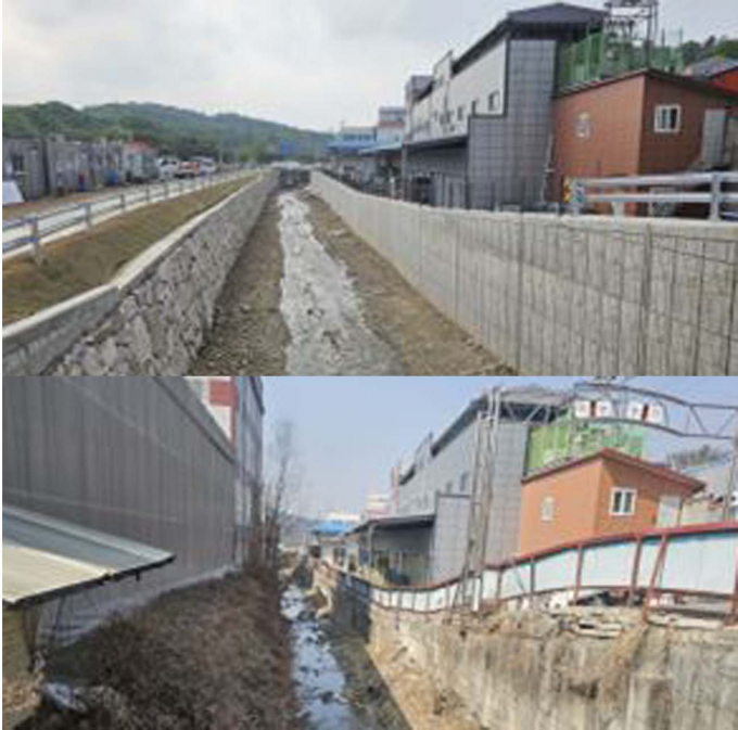 치수효과와 안정정을 개선한 남양주시 진건읍 용정천 모습(사진 위)와 개선 사업 이전의 모습(사진 아래) /사진제공=경기도 