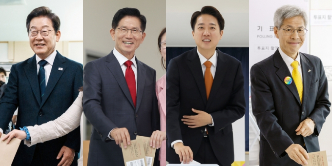 '위기의 대한민국'을 앞으로 5년 동안 이끌 21대 대통령이 3일 결정된다. 사진은 이재명 더불어민주당(왼쪽부터), 김문수 국민의힘, 이준석 개혁신당, 권영국 민주노동당 대통령 후보가 제21대 대통령선거 사전투표 첫날인 지난 5월29일 투표하고 있는 모습. /사진=뉴스1