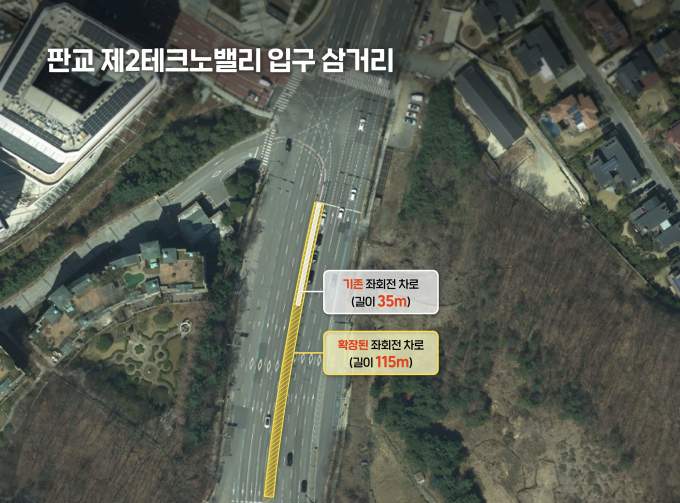 기존 35m에서 115m로 대폭 확장된 판교 제2테크노밸리 입구 삼거리 모습. /사진제공=성남시