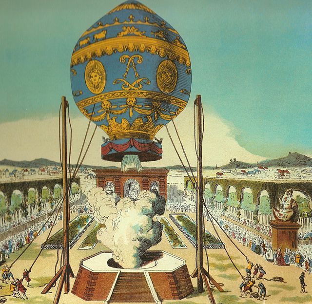 몽골피에 형제의 열기구 (출처: Claude Louis Desrais, 1783, Public domain, via Wikimedia Commons)