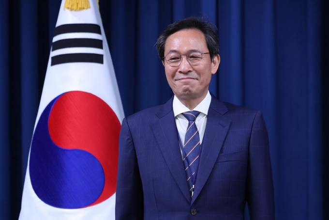 새 정부 초대 정무수석에 임명된 우상호 전 더불어민주당 의원이 8일 서울 용산구 대통령실 청사에서 열린 수석급 인선 발표 브리핑에 참석하고 있다. /사진=뉴스1 박지혜 기자