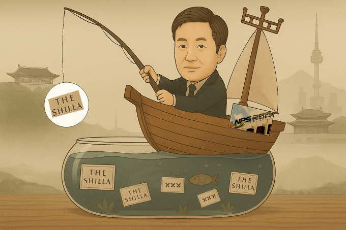 이재명 정부발 한중관계 개선에 대한 기대감이 고조되는 가운데 국민연금공단이 호텔신라 주식 78만여주를 추가 매수했다. /그래픽=김은옥 기자(챗GPT)