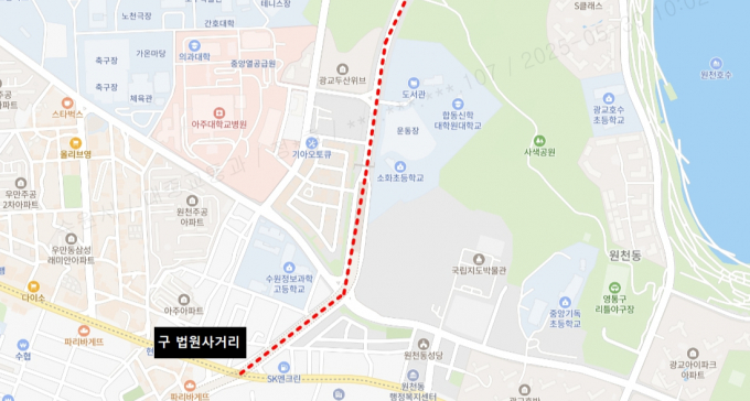 버스전용차로 지정을 해제한 광교중앙로 구간 노선. /사진제공=수원시