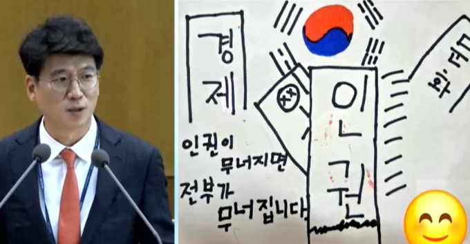 경기도의회 임시회 본회의에서 5분 발언하는 김민호 도의원(사진 왼쪽) 한 시민이 김 의원에게 보내온 한 초등학교 아이가 그린 그림(오른쪽). /사진=경기도의회