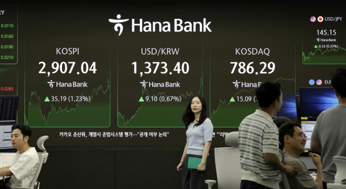 코스피 지수가 전 거래일보다 35.19포인트(1.23%) 오른 2907.04로 장을 마친 11일 서울 중구 하나은행 딜링룸에서 /사진=최동준