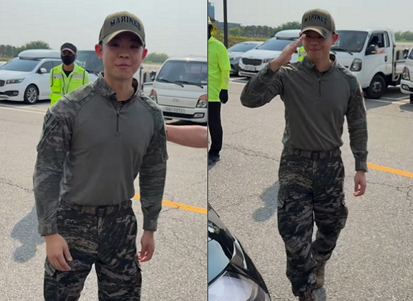 방송인 김구라의 아들 김동현의 해병대 복무 근황이 전해졌다. 사진은 방송인 김구라 아들 김동현이 해병대 행사장에서 시민들과 인사를 나누는 모습. /사진=아놀드 리 인스타그램 캡처