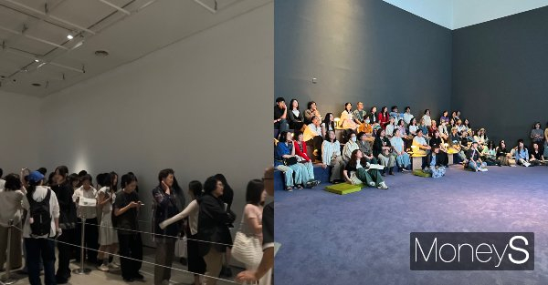 전시장에 관람객들이 많아 전시 관람을 위해 대기하기도 했다. 사진은 작품 감상을 위한 대기 줄(좌)과 영상 작품을 관람하는 사람들. /사진=곽우진 기자 