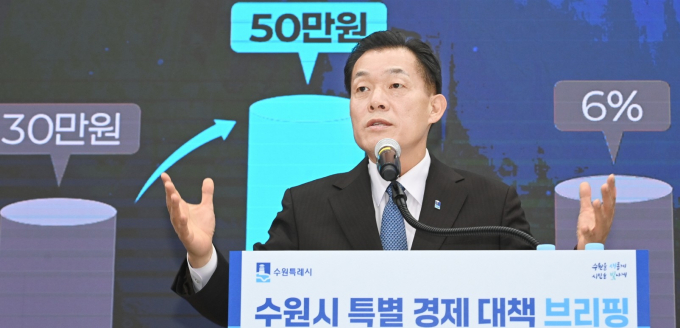 이재준 시장이 지난해 말 '특별 경제대책 브리핑'에서 수원페이 확대 발행을 발표하고 있다. /사진제공=수원시 