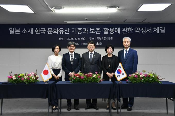 '관월당' 부재를 한국으로 정식 양도하는 기증약정 체결 후 기념촬영하는 관계자들. 왼쪽에서 두 번째가  고덕원 사토 다카오 주지이며 세 번째는 최응천 국가유산청장이다. ('25.6.23, 국립고궁박물관 강당) (국가유산청 제공)
