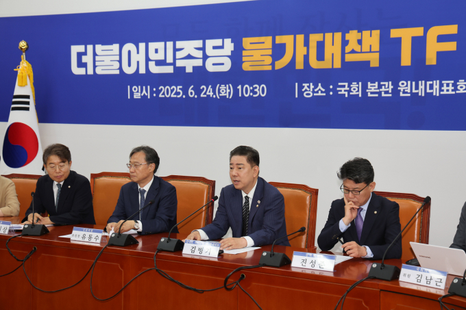 더불어민주당이 민생물가 안정을 위한 본격 대응에 나섰다. 사진은 김병기 더불어민주당 대표 직무대행 겸 원내대표가 24일 오전 서울 여의도 국회에서  열린 물가대책TF 출범식에서 발언하고 있는 모습. /사진=뉴시스
