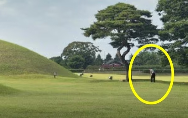 경주 왕릉 잔디밭에서 골프 연습을 하는 남성이 포착됐다. 사진은 한 남성이 경주 왕릉 잔디밭에서 골프 연습을 하는 모습. /사진=JTBC 캡처