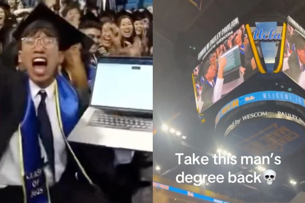 미국 로스앤젤레스 캘리포니아 대학교(UCLA) 졸업식에서 한 학생이 기말시험에서 챗GPT를 사용했다고 말해 논란이 일고 있다. 사진은 안드레 마이가 졸업식 중에 챗 GPT를 기말시험에서 사용했다고 말하는 모습. /사진=뉴욕포스트 캡처 