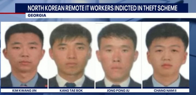 미국 법무부가 지난달 30일(이하 현지시각) 전신 사기 및 자금 세탁 혐의를 받는 북한 국적자 4명을 기소했다고 발표했다. 사진은 기소된 북한인 4명의 모습. /사진=폭스뉴스 영상 캡처