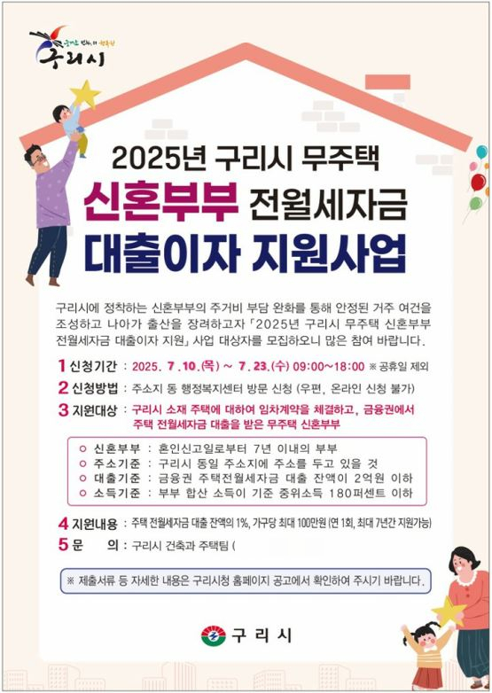 구리시 무주택 신혼부부 '전월세 자금 대출이자 지원사업' 안내 포스터./사진제공=구리시 