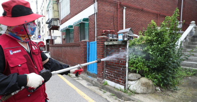 경기 수원시 장안구 한 주택가에서 장안구보건소 방역 관계자들 모기유충 방제작업을 벌이고 있다. /사진=뉴스1