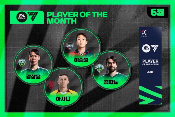K리그 6월의 최우수선수(MVP) 후보인 강상윤, 콤파뇨, 아사니, 이승원.(한국프로축구연맹 제공)