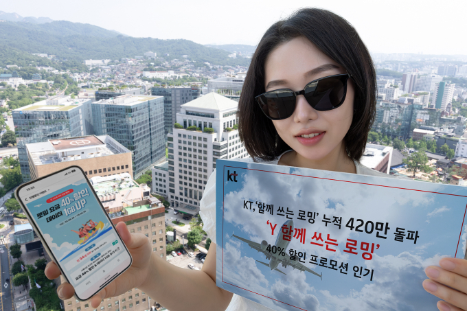 KT는 고객 간 데이터 공유가 가능한 ‘함께 쓰는 로밍’ 상품의 누적 이용 건수가 420만 건을 돌파했다고 전했다. 사진은 KT 모델이 Y함께 쓰는 로밍 프로모션을 소개하는 모습. /사진=KT 제공