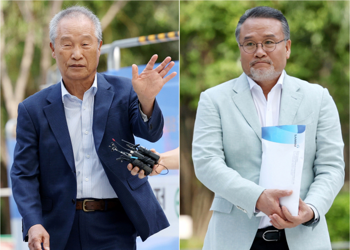 김건희 특검이 주가조작 의혹을 받는 삼부토건 전현직 회장을 소환 조사했다. 사진은 10일 서울 종로구 KT광화문빌딩 웨스트에 마련된 김건희 특검 사무실로 출석하는 조성옥 전 삼부토건 회장(왼쪽)과 이일준 현 회장의 모습. /사진=뉴시스 
