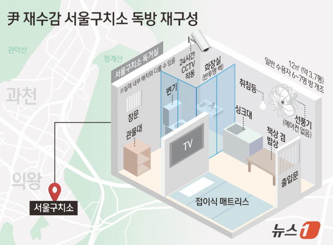 그래픽은 윤석열 전 대통령이 재수감된 서울구치소 독방을 재구성한 모습. /그래픽=뉴스1