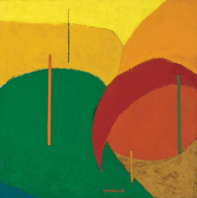 Lot. 42, 유영국, 1916-2002, [황혼], oil on canvas, 64.2&times;64.2cm, 1979, 4억 5000만 - 6억 원 (서울옥션 제공)
