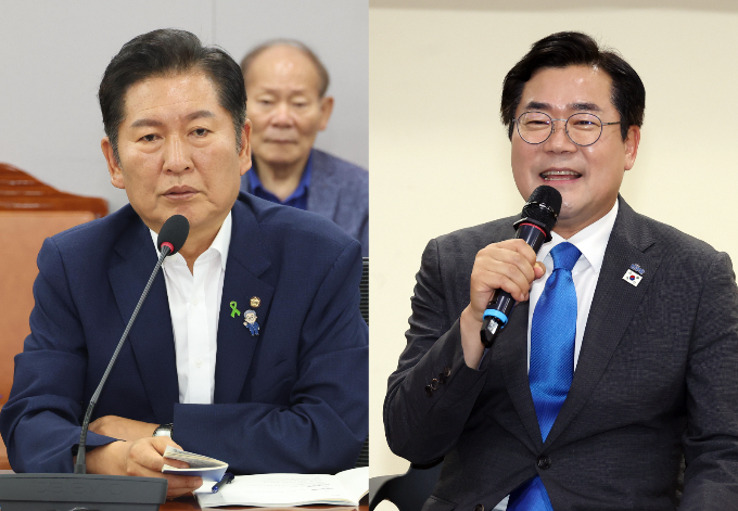 정청래·박찬대 더불어민주당 읜원이 지난 10일 당 대표 후보자 등록에 이어 11일 첫 행보에 나섰다. 사진은 정 의원(왼쪽)과 박 의원. /사진=뉴시스