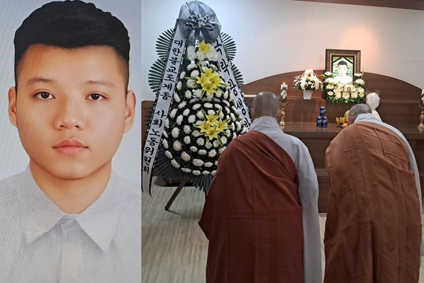 폭염 속 쓰러져 숨진 23세 베트남 청년의 쓸쓸한 장례식장 상황이 안타까움을 주고 있다. 사진은 아파트 공사장에서 쓰러져 숨진 23세 베트남 청년(왼쪽)과 장례식장 모습. /사진=대한불교조계종 사회노동위원회 페이스북 캡처