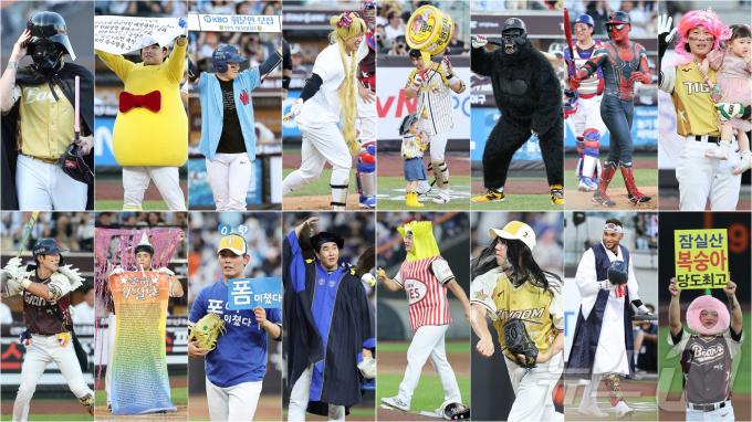 12일 대전 한화생명 볼파크에서 열린 ‘2025 신한 SOL뱅크 KBO 올스타전’에 출전한 선수들이 다양한 캐릭터 퍼포먼스를 선보이고 있다. 사진 왼쪽부터 시계방향으로 한화 외국인 투수 폰세, 한화 문현빈(꿈돌이), NC 박민우, 키움 송성문, LG 박동원, kt 안현민, LG 박해민, KIA 박찬호, 두산 박치국, 롯데 레이예스, 키움 하영민, 삼성 이호성, 한화 박상원, KIA 성영탁, kt 권동진, 롯데 전민재. 2025.7.12/뉴스1 ⓒ News1 김진환 기자