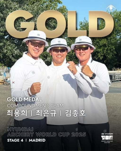 월드컵 4차 대회에서 우승을 차지한 컴파운드 남자 대표팀의 최용희, 최은규, 김종호(왼쪽부터) (대한양궁협회 제공)