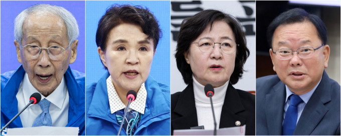 사진은 왼쪽부터 유럽연합(EU) 특사단장 윤여준 환경부 장관, 프랑스 특사단장 강금실 전 법무부 장관, 영국 특사단장 추미애 더불어민주당 의원, 인도 특사단장 김부겸 전 국무총리./사진=뉴스1