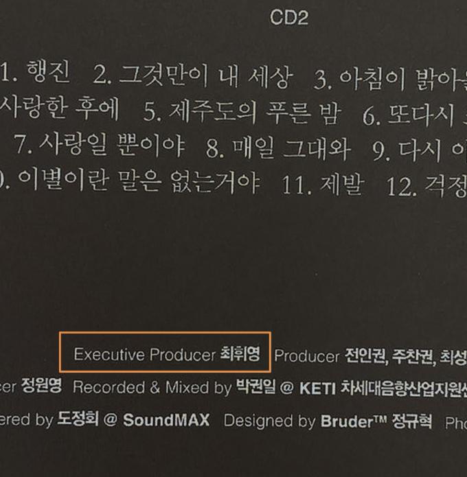 최휘영 문화체육관광부 장관 후보자가 총괄제작으로 참여한 들국화 음반(2013년 12월 발매) 뒷면