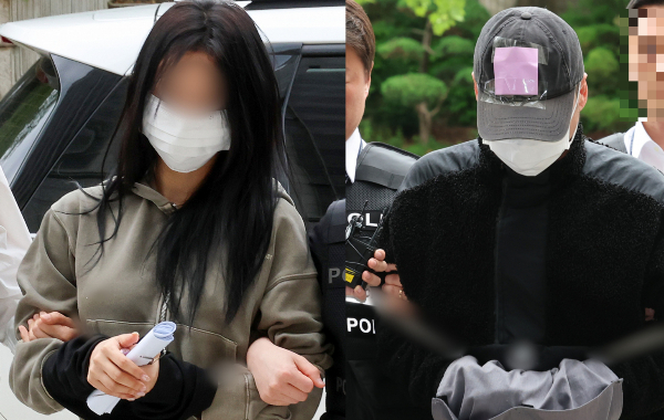 토트넘 홋스퍼 주장 손흥민을 상대로 임신을 주장하며 거액을 요구한 일당이 첫 재판을 받았다. 사진은 토트넘 홋스퍼 주장 손흥민을 상대로 돈을 받아내려해 공갈 혐의를 받는 양씨와(왼쪽) 용씨가 서초구 서울중앙지방법원에서 열린 구속 전 피의자심문(영장심사)에 출석하는 모습. /사진=뉴스1