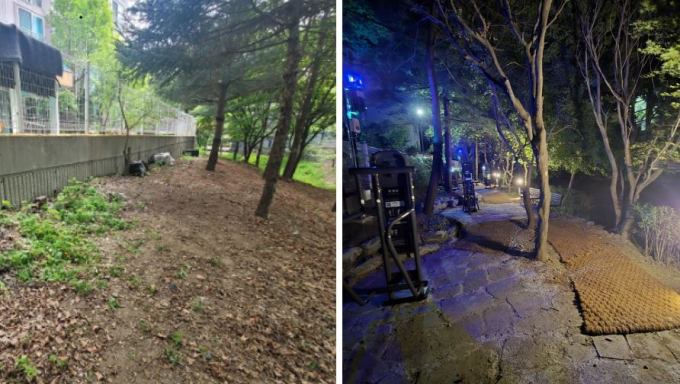 원일가대라곡 아파트 인근 완충녹지 공사 전(왼쪽)과 공사 후(오른쪽) 모습./사진제공=구리시