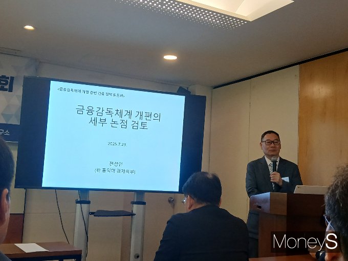 사진은 '금융감독체계 개편의 세부 논점 검토'를 주제로 발표하는 전성인 전 홍익대 교수. /사진=강한빛 기자