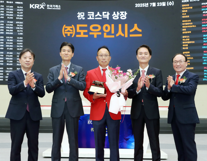 우여곡절 끝에 상장한 도우인시스가 공모가와 시초가 사이에서 상장 첫날을 마쳤다. 사진은 옥경석 도우인시스 대표와 엄주성 키움증권 대표 등이 코스닥 상장 기념식에 참석한 모습./사진=한국거래소