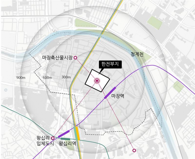 BS그룹이 한국전력공사의 서울 성동구 마장동 부지 매각을 위한 우선협상대상자로 결정됐다. 사진은  마장동 한전물류센터 부지 위치도. /사진=BS그룹