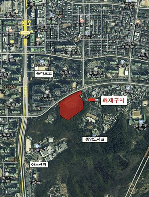 23일자로 토지거래허가구역에서 해제된 야탑동 621번지 위성지도. /사진제공=성남시