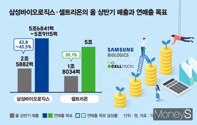 삼성바이오로직스와 셀트리온이 연매출 목표를 달성할 수 있을지 주목된다. 사진은 각 사의 올 상반기 매출과 연매출 목표. /그래픽=김은옥 기자