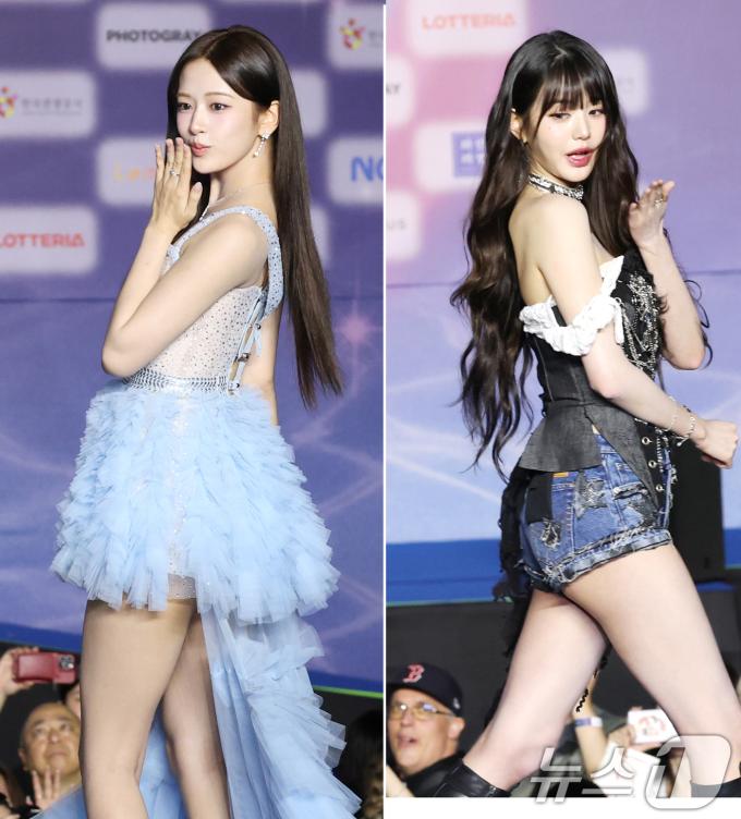 아이브 안유진과 장원영(오른쪽)이 26일 경기도 고양시 일산서구 킨텍스 제1전시장에서 열린 ‘2025 SBS 가요대전 Summer’ 블루카펫 행사에 참석해 포즈를 취