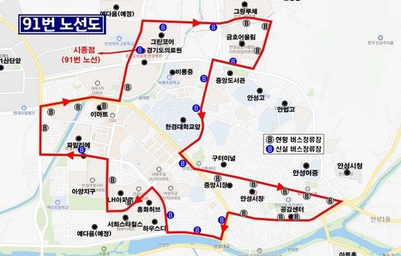 안성시 91번 버스 노선도. /사진제공=안성시