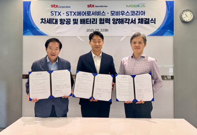 STX·STX에어로서비스·모비우스코리아 업무협약 체결식 참석자들이 기념촬영을 하고 있다. 왼쪽부터 송찬근 STX에어로서비스 대표, 박상준 STX  대표, 최유진 모비우스코리아 대표. /사진=STX