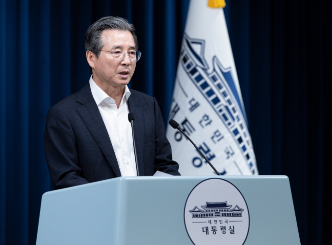 정부가 미국과 상호관세 15% 부과 등 관세 협상을 최종 타결했다. 김용범 정책실장이 31일 서울 용산 대통령실 청사에서 한미 관세 협상 타결 관련 브리핑을 하고 있다. /사진=뉴스1