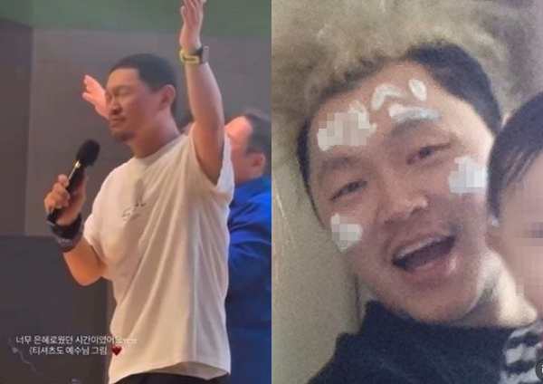 가수 겸 배우 양동근이 자신을 둘러싼 정치색 논란에 다소 격한 반응을 보였다. 사진은 양동근이 손현보 목사 주최 행사에 참석한 모습과(왼쪽) 이마에 욕설을 그린 모습. /사진=양동근 인스타그램 캡처
