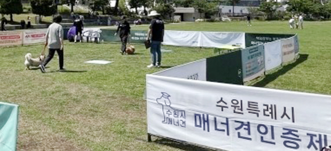 공공장소에서 지켜야 할 질서를 교육하는 매너견 테스트 모습.  /사진제공=수원시