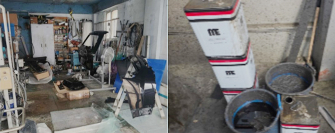 주거지, 학교 등 생활권에서 불법 도자업체를 운영한 업소(왼쪽 사진)와 폐기물 처리 기준 위반 업소.  /사진제공=경기도