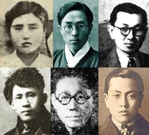 위 왼쪽부터 김명순, 정지용, 김기림, 아래 왼쪽부터 이상, 이용악, 오장환