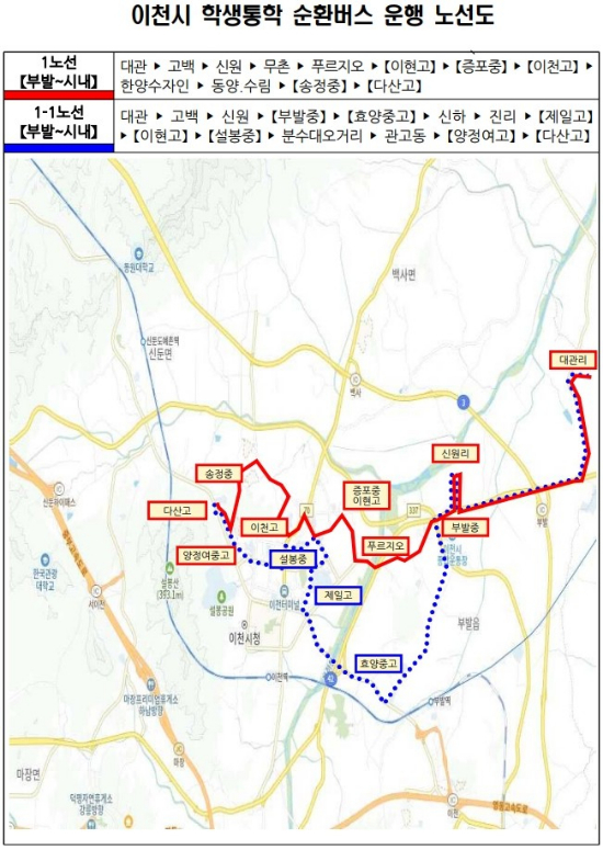   이천시 학생통학 순환버스 운행 노선도./사진제공=이천시 